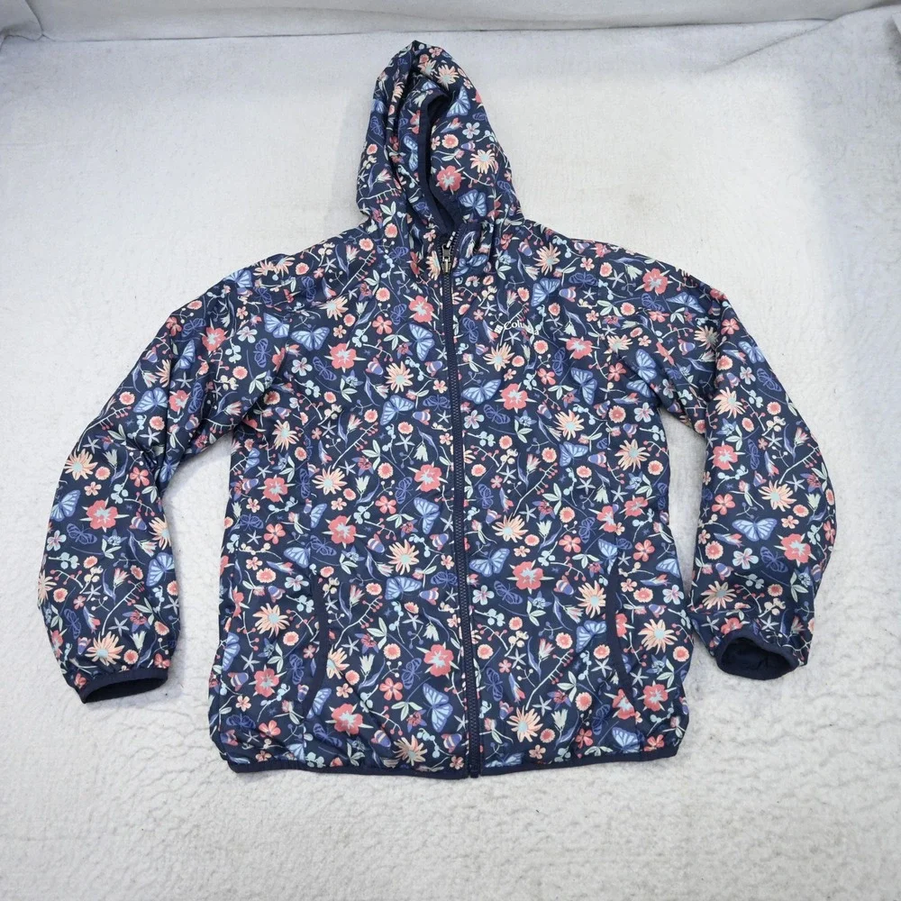 Columbia Reversible Jacket Girls XL (18/20) Navy Blue Floral Butterfly Hooded - Picture 6 of 14